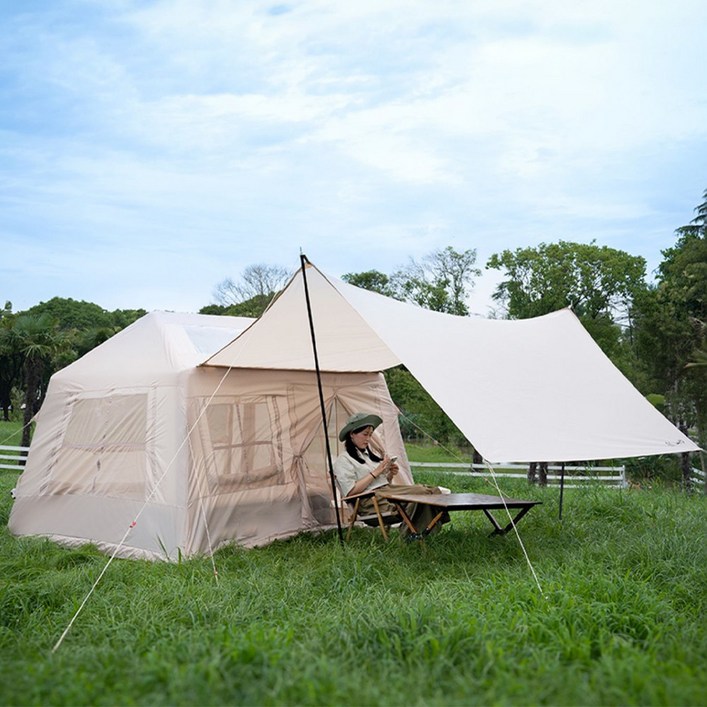 경량 에어텐트 4-8인용 타프 일체형 탈부착 대형 글램핑 텐트, 카키색 업그레이드형