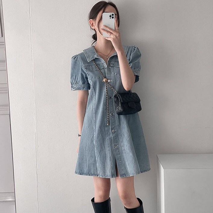 쪼꼬마미 단비 퍼프소매 버튼 데님 미니원피스