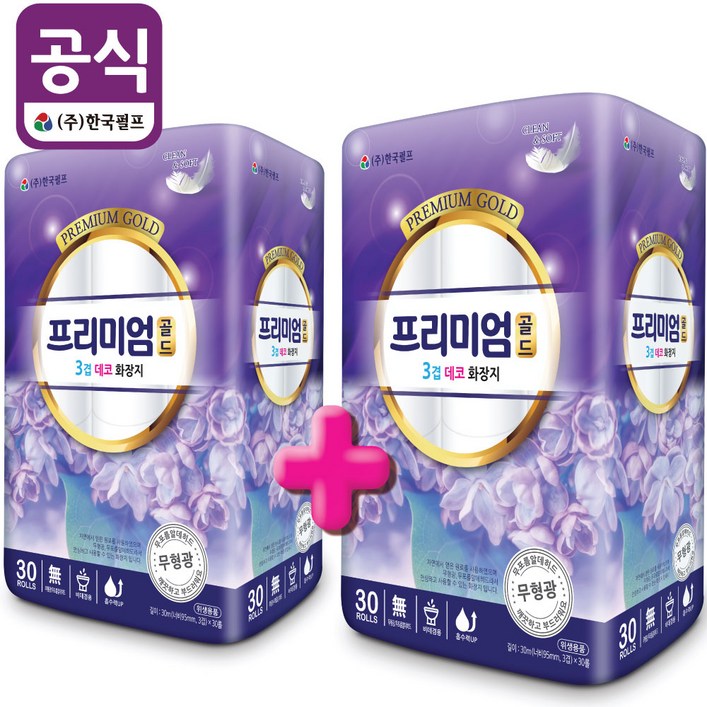 프리미엄골드3겹 데코 화장지 천연펄프 함유 30M 30롤 2개 (총 60롤), 30, 60개입