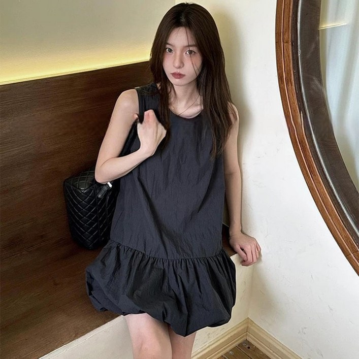BIKASU 여성 여름 미니 원피스 심플 라운드넥 민소매 캉캉원피스
