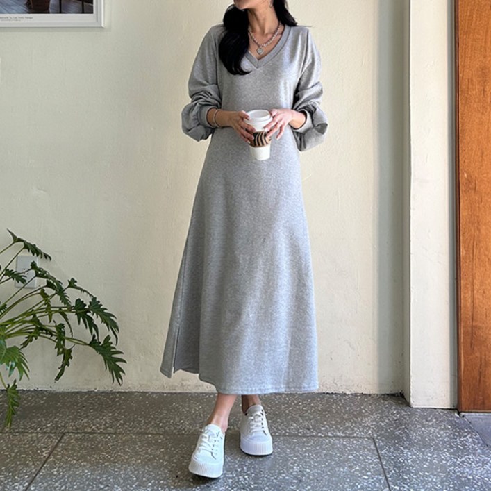 마이쏭 여성 빅사이즈 루즈핏 A라인 포켓 케이티브이넥롱원피스