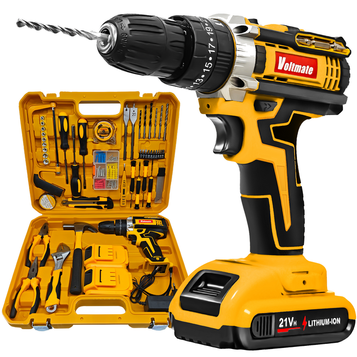 국내발송 VoltMate 독일 21V 다용도 전동드릴 35N 빅토크해머드릴무선 가정용전동드라이버 임팩트드릴 해머전동드릴 다용도 118종 액세서리 세트, 1세트