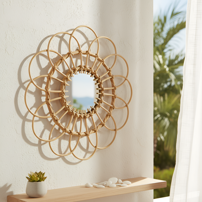 플라잉타이거 코펜하겐 발리 라탄 원형 거울 화장대 현관 벽걸이 인테리어 앤틱 우드 태양
