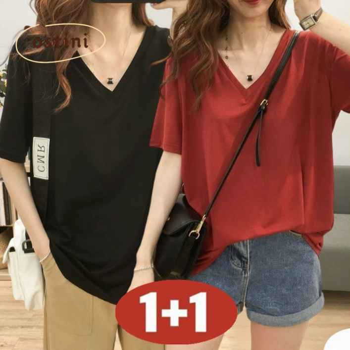 오스틱니 완전 편한 150kg까지 빅사이즈 11 여성 브이넥 솔리드 일자 티셔츠 반팔 여름 원단좋은 루즈핏 오버핏 날씬해보이는 심플 데일리 패션 기본티 미디티 박스티 티