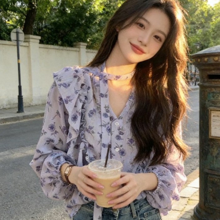 여성 여자 플라워 프릴 타이 리본 블라우스 셔츠 상의