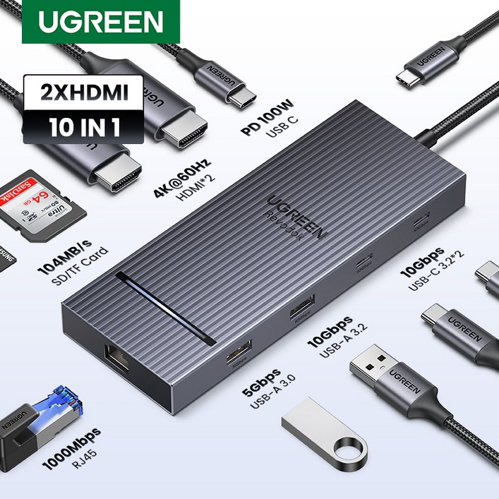 UGREEN 유그린 Revodok Pro 10 in 1 USB C 도킹 스테이션 듀얼 4K60Hz 디스플레이 USB C 멀티허브 10Gbps PD100W USB C 허브, 1개, Grey, CM886 UGREEN 유그린 Revodok Pro 10 in 1 USB C 도킹 스테이션 듀얼 4K60Hz 디스플레이 USB C 멀티허브 10Gbps PD100W USB C 허브, 1개, Grey, CM886