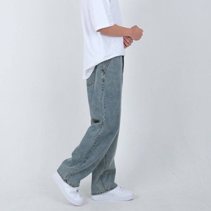 남성용 워싱 청바지 뒷밴딩 세미 와이드 루즈핏 일자 데님 팬츠