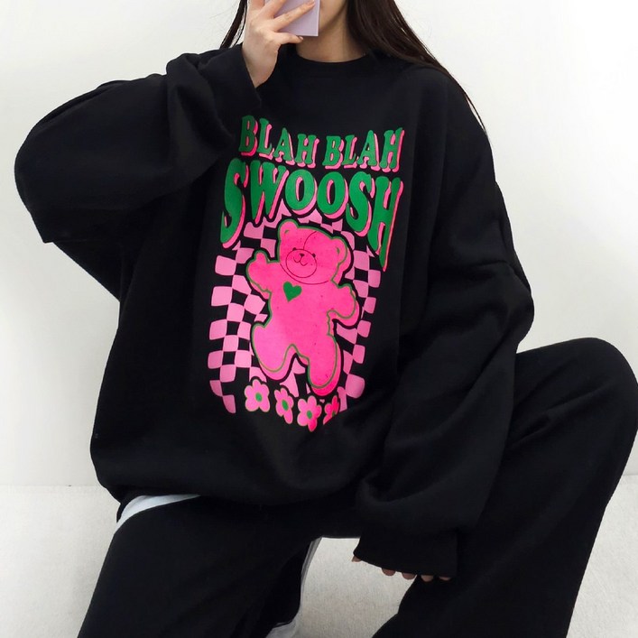 [4XL, 2COLOR] 스우시곰돌 맨투맨 (기모ver.) 55~99까지 오버사이즈 남여공용 기모 겨울 홈웨어 박스맨투맨