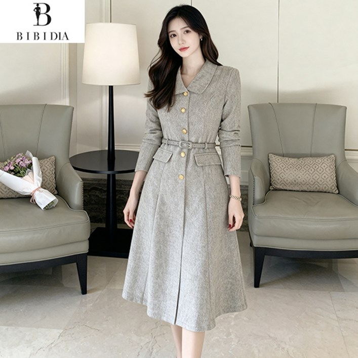 비비디아 여성 봄 가을 클래식 카라넥 금장버튼 플레어핏 하객룩 오피스룩 원피스 데일리룩벨트포함5573