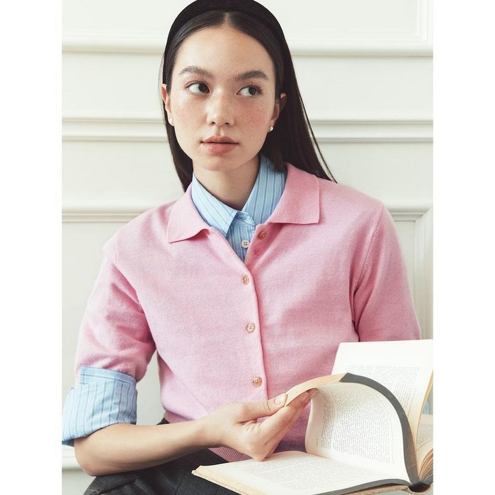 국내백화점 빈폴레이디스 B. my 코튼 울 T칼라 반소매 카디건  핑크 BF485AN01X 여성 가디건