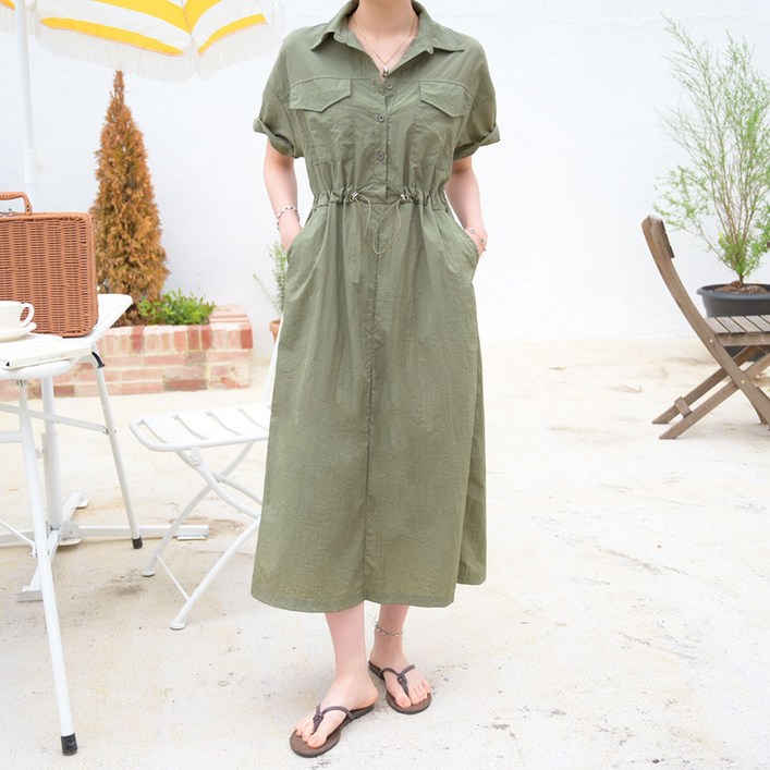 데일리앤 쉬즈 스트링 바스락 포켓 여름 반팔 셔츠 카라 롱 원피스
