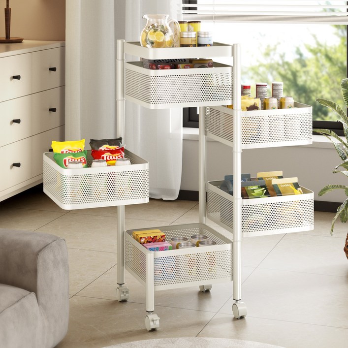 파페피 다기능 이동식 트롤리 수납함 회전형 틈새수납장, 5단, 흰색