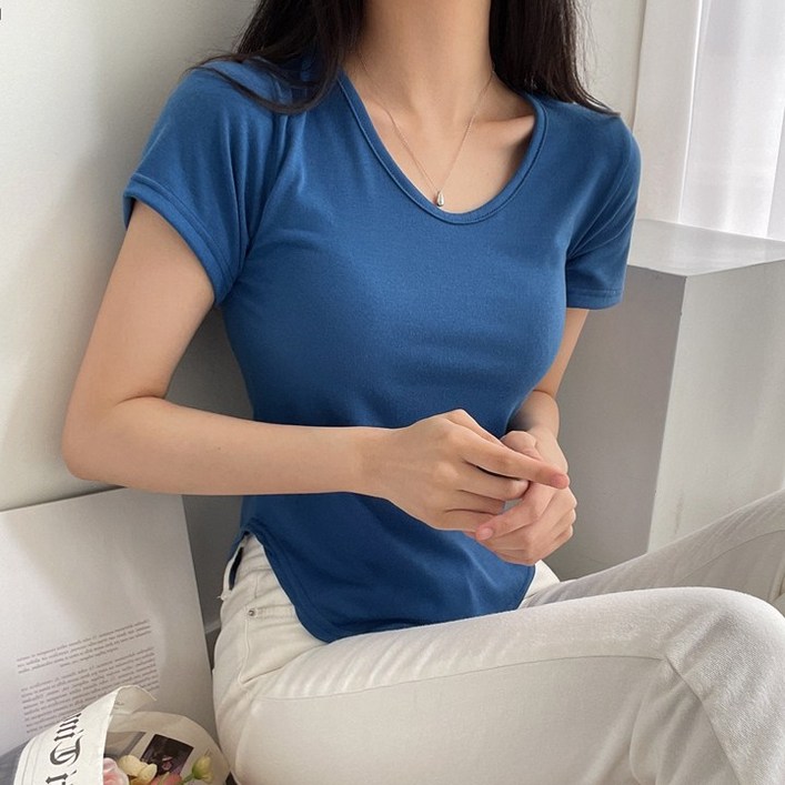 워너비몰 [무배] (허리잘록,색감맛집) 뮤즈 워너비 딥 유넥 라운드 트임 반팔 티셔츠 [6color]