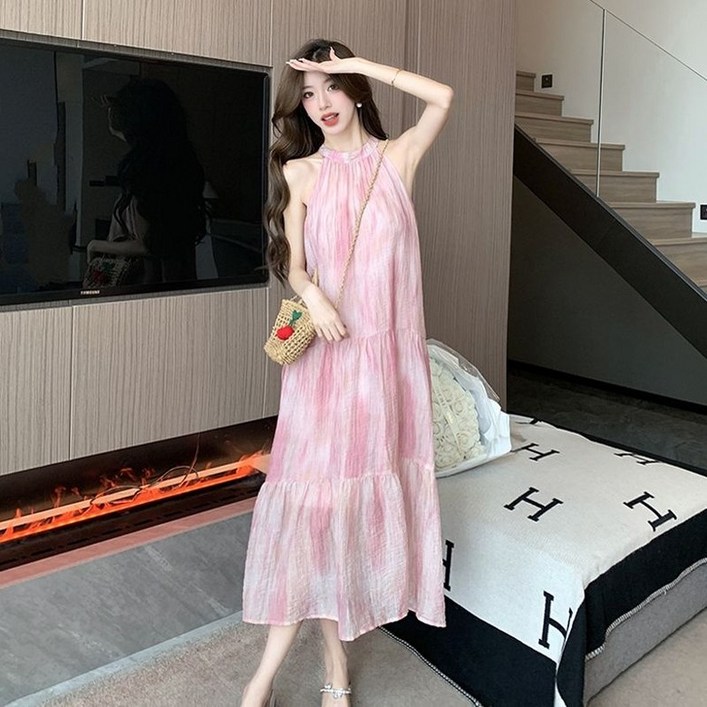 홀터 세컨  맥시 뒷매듭 루즈핏 롱원피스 민소매 여름 플로우 엠보 캉캉