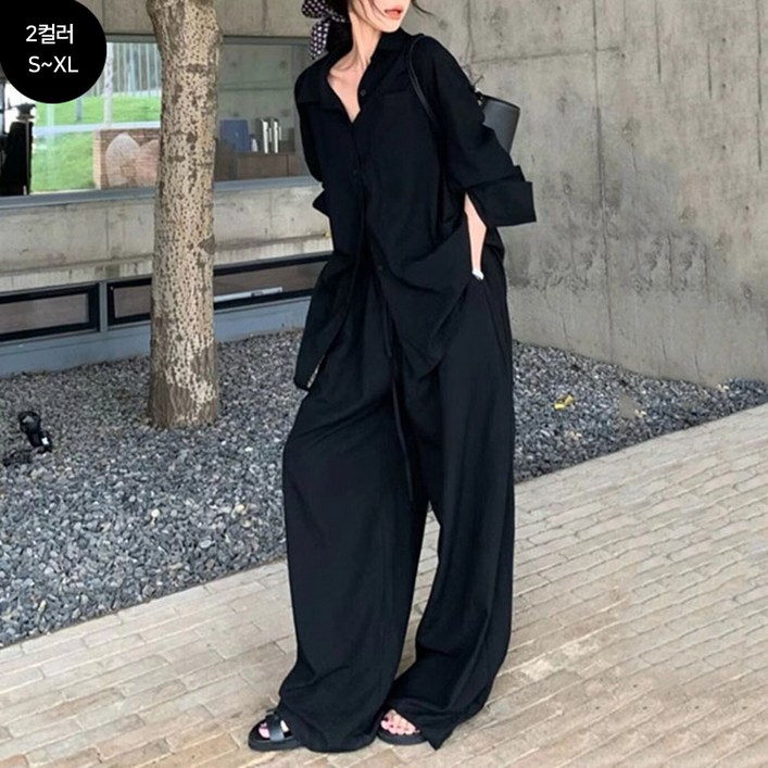 FANSYLI 여성 여름 바캉스 비치웨어 세트 캐주얼 루즈핏 린넨 셔츠 와이드팬츠 슬랙스 상하복 2종 세트 빅사이즈  2603JLL6086