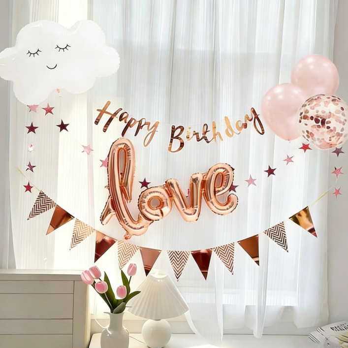 생일파티 용품 구름 홈파티세트, 집에서생일파티 로즈골드,생일 이벤트 풍선 1세트