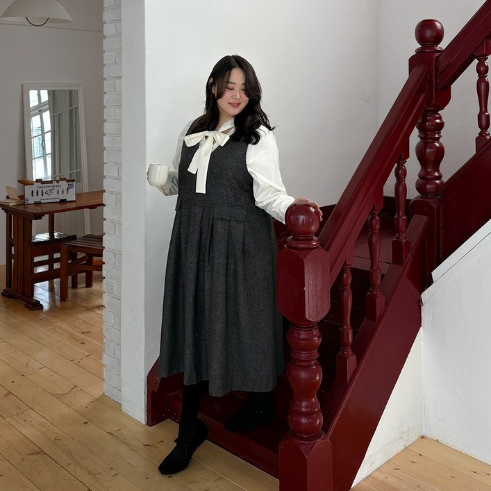 55110격식룩 헤링본 플리츠 뷔스티에 원피스 여성 빅사이즈 여자 플러스사이즈