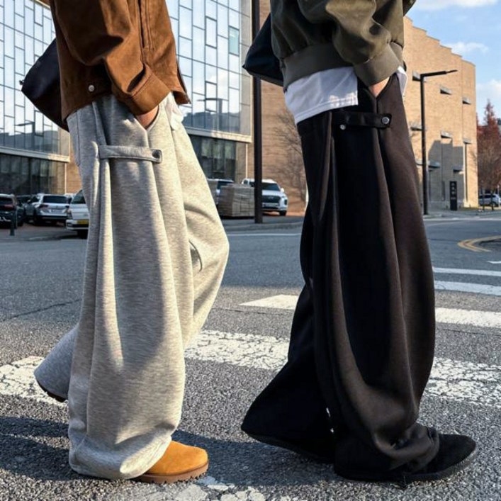 [1+1/기모원단추가!] 2개묶음 남녀공용 사이드 스냅 버튼 와이드 벌룬 트레이닝 팬츠 6991
