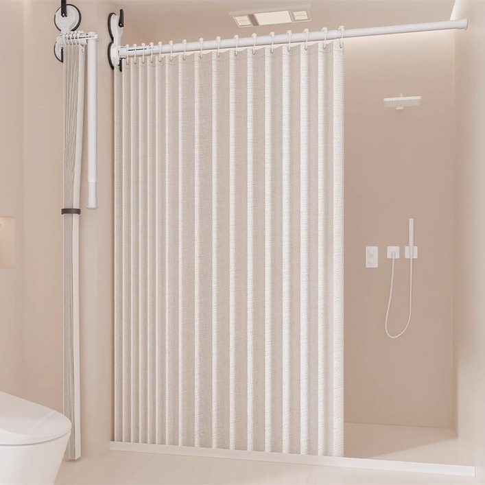 공간분리 욕실커튼 접이식 샤워커튼 화장실 방수 가림막 욕실 물막이 파티션 무타공 커튼  커튼봉  하단방수바 포함