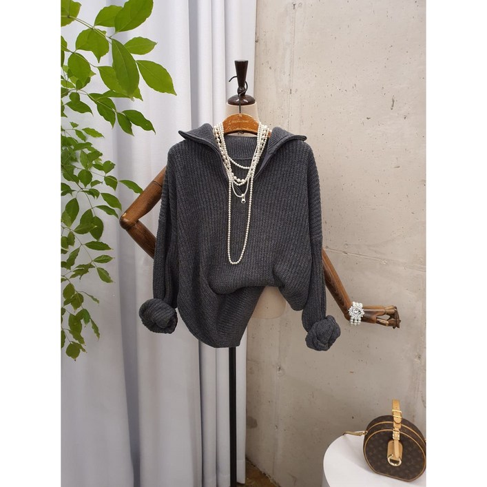 겨울신상 무배 퍼렐 캐주얼 하이넥 루즈핏 반집업 니트