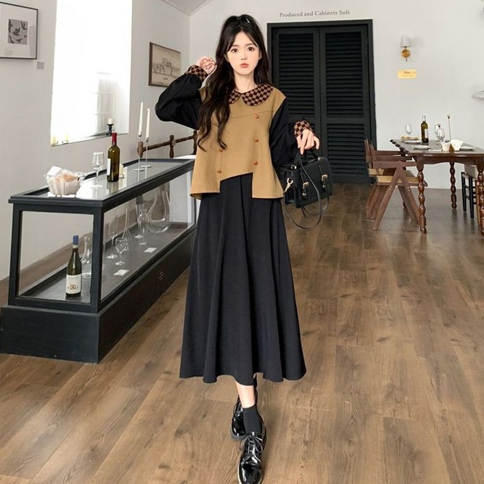 COSYEVNO 여성 롱 원피스 페이크 패치워크 빈티지 날씬해 보이는