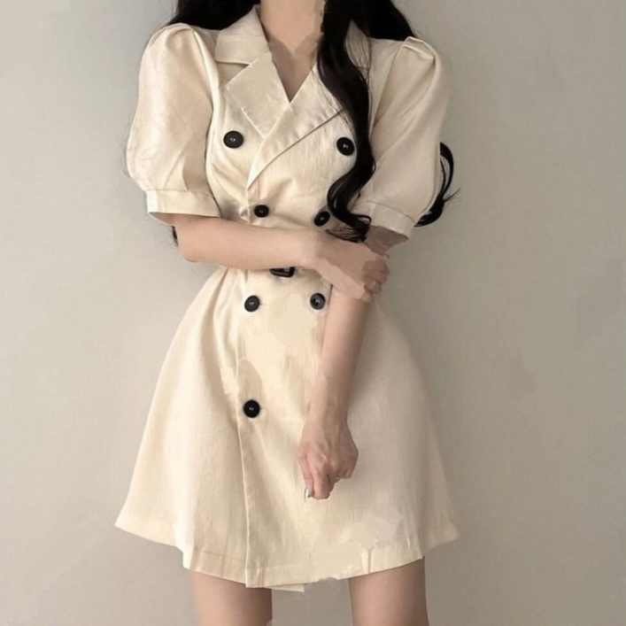 퍼프 벨트원피스 더블버튼 반팔 자켓원피스 여성 투피스 세트