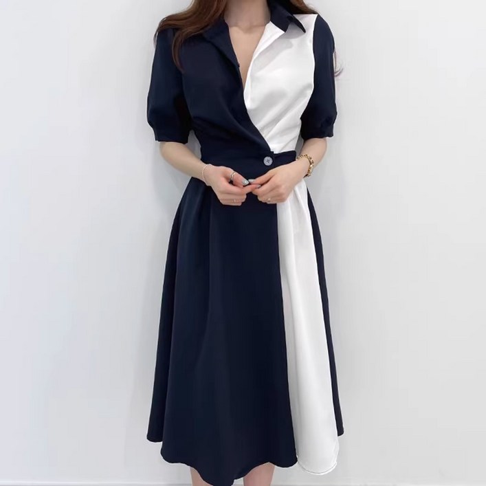 여름 여성 롱 원피스 패션 프렌치 데일리룩 셔츠 카라 오피스룩 빈티지 루즈핏 하객룩 원피스