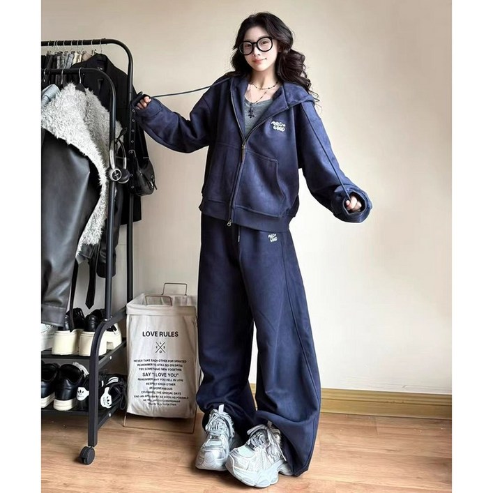 Akimu 여성 후드 맨투맨 카디건+와이드 팬츠 세트 캐주얼 트레이닝 세트