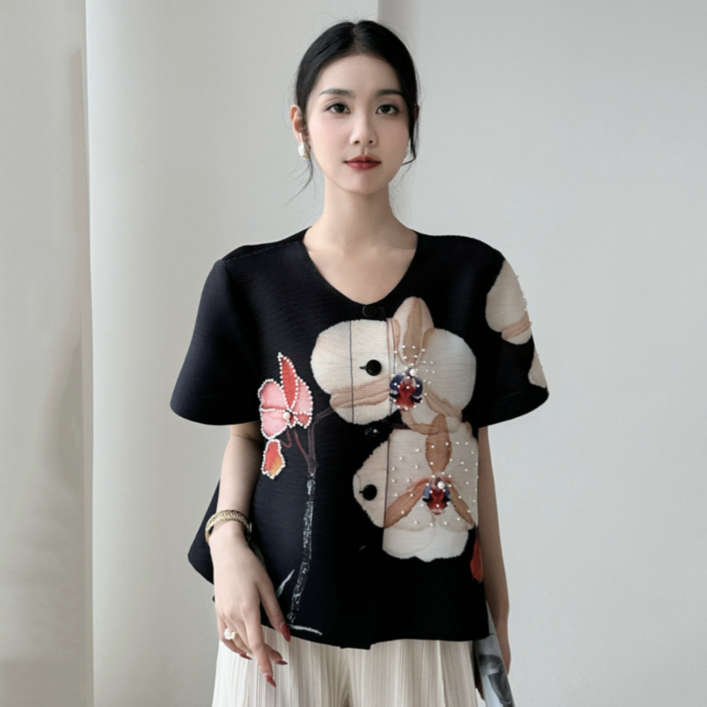 오제끄 플로르 진주장식 플리츠 시원한 여성 여름 박시 블라우스 프리사이즈