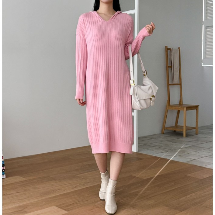 시연 가을 겨울 후드 골지 니트 롱 원피스 스웨터 스커트