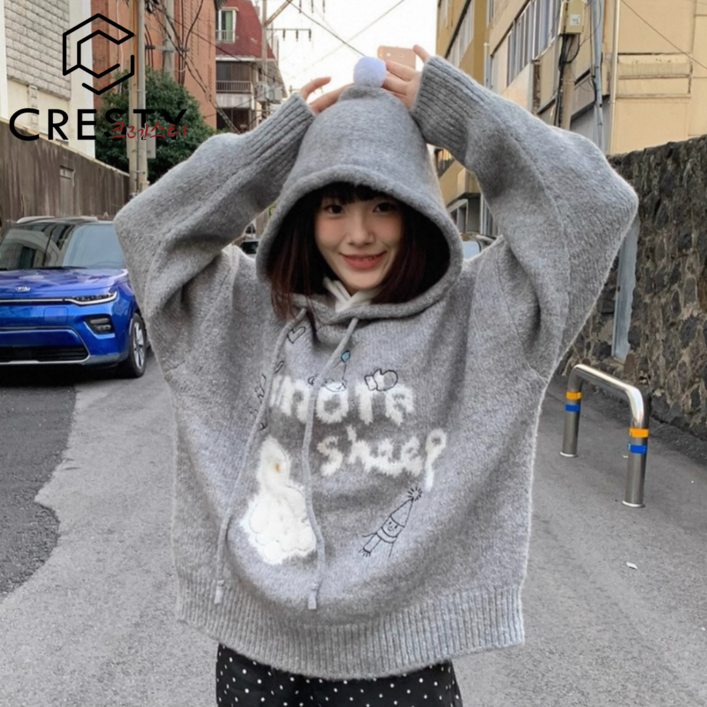 크레스티 추동 여성 캐릭터 스웨터 루즈핏 니트 후드 맨투맨
