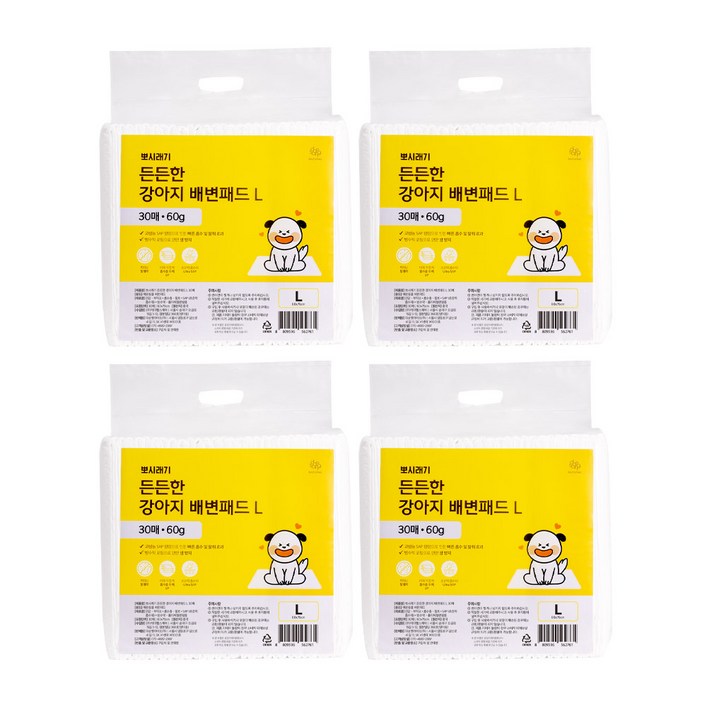 뽀시래기 든든한 강아지 배변패드 대형 L 120매 75x60 반려견 애견 패드, 30개입, 4개