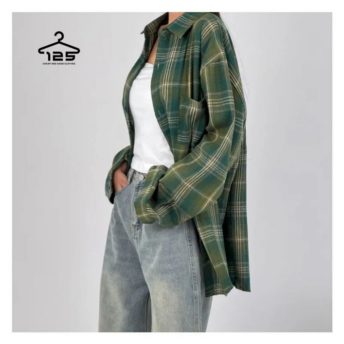 바이일이오 여성 사계절 체크 긴팔 오버핏 루즈핏 셔츠