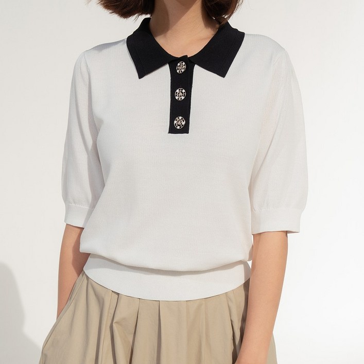 니트코어 여성 여름 고퀄원단 부드러운 배색 카라 장식단추 반팔 니트 카라티 카라넥 니트티 반팔티 티셔츠