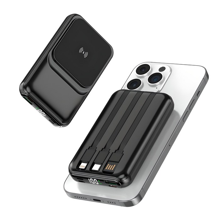 맥세이프 호환 보조배터리 대용량 20000mAh 15W무선+PD22.5W 고속충전 케이블 일체형 LCD잔량표시, 블랙, 1개