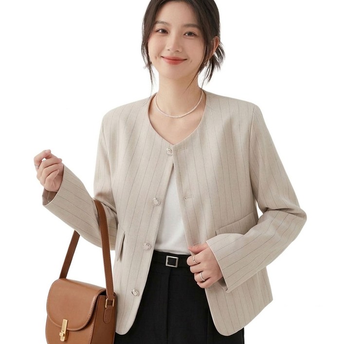 메리앤유 노카라 핀스트라이프 크롭 자켓 여성 라운드넥 세미정장 오피스룩
