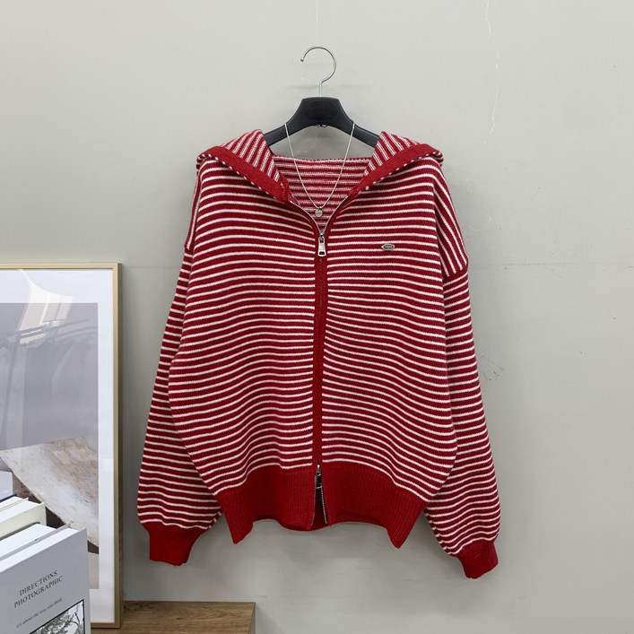 [행복여] 모리 핀 브로치 루즈핏 스트라이프 니트 후드 집업