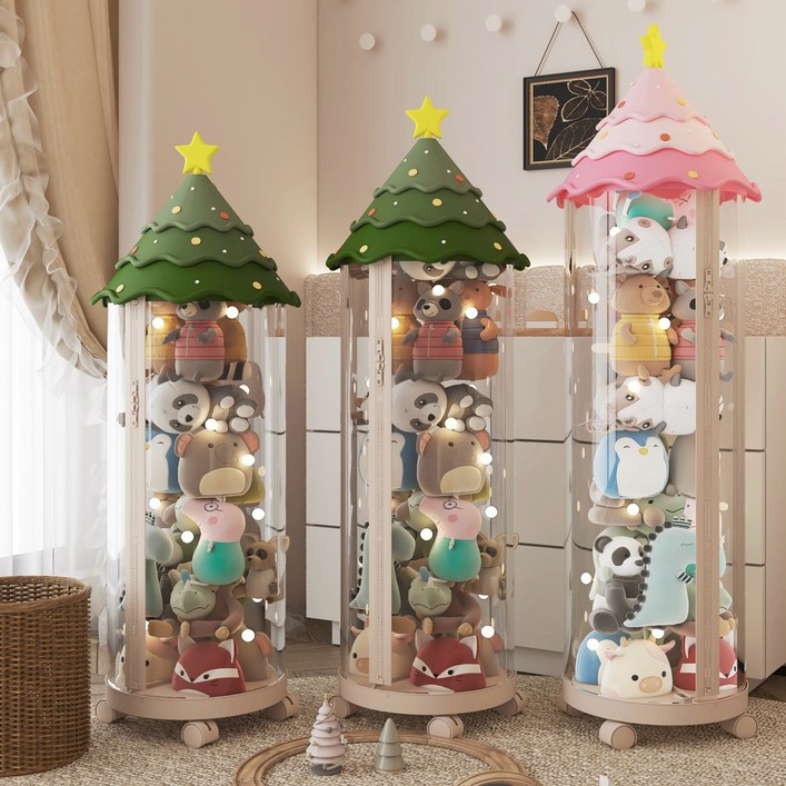 투명 원통 인형 보관 정리함 대형 지퍼형 이동식 장난감 수납함, 로즈핑크