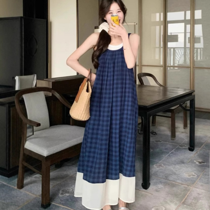 여성용 롱 원피스 플로럴 패턴 루즈핏 통기성 좋은 여름 나시 휴양지 데일리룩