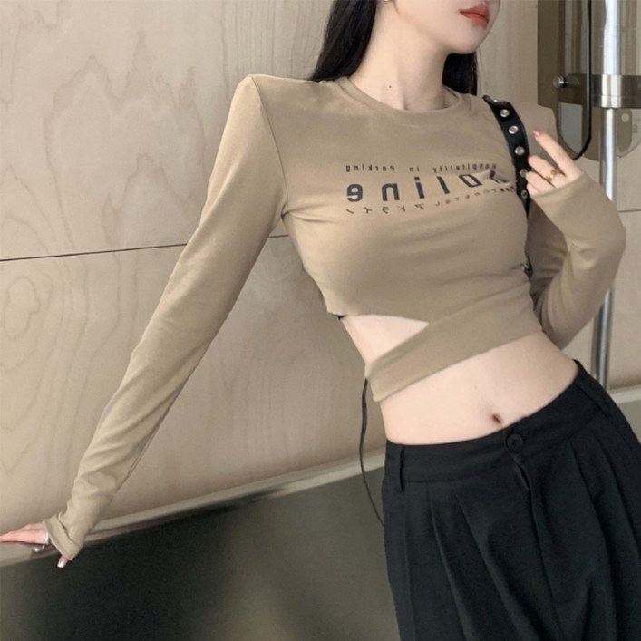 cammello 옆구리 트임 포인트 긴팔 크롭티 크롭 긴팔티