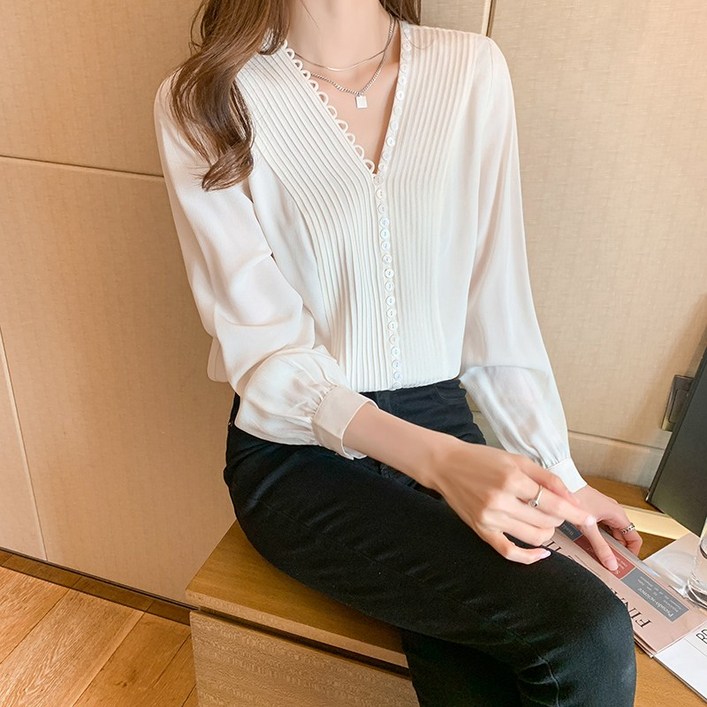 이유무무 NQ245 여성 셔츠 주름 실크 긴팔 단추 블라우스
