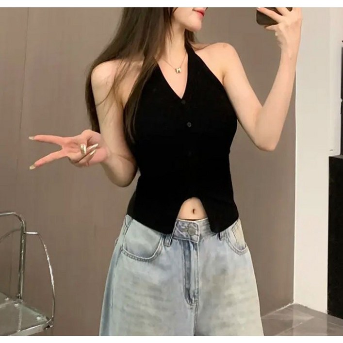 불가리아 캡내장 골지 슬림 버튼 홀터넥 나시티