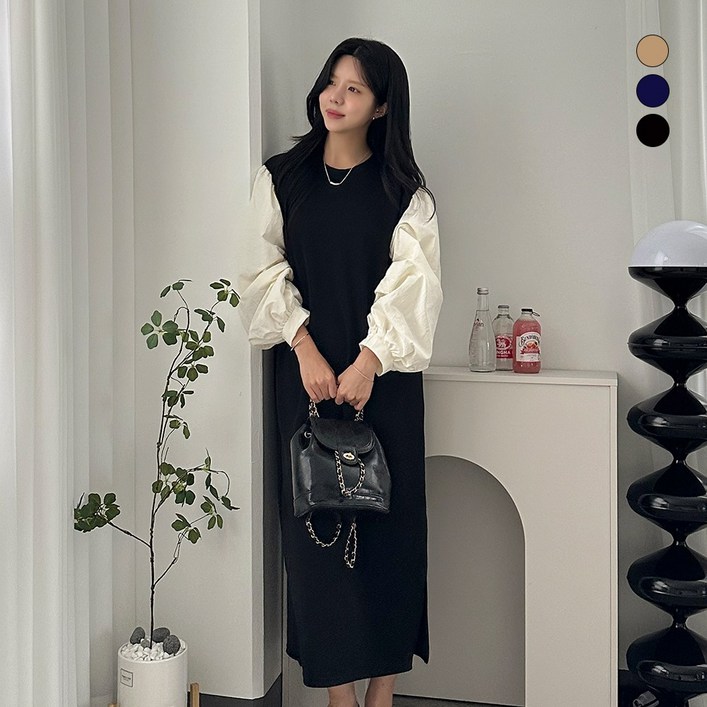 디테일웨어 여성 걸스 배색 라운드넥 긴팔 원피스 셔츠 원피스 빅사이즈 임부복 간절기 편한 A라인 롱원피스 데일리룩