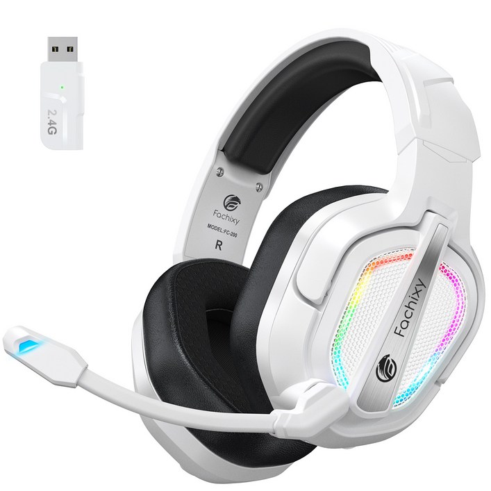 파치시 FC200 무선 게이밍 헤드셋 RGB 노이즈 캔슬링 마이크 1200mAh 가상 7.1 채널, 화이트블랙