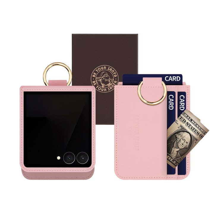 갤럭시 Z플립7 케이스 이태리 천연가죽 힌지보호 카드수납 링 루나, 돌체, 베이비핑크