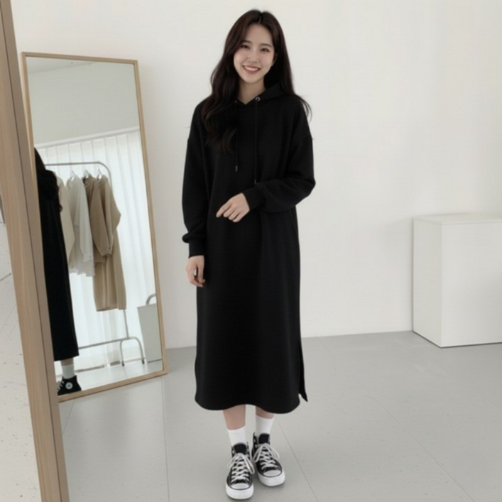 리파니 루즈핏 맨투맨 옆트임 기모 후드 롱 원피스