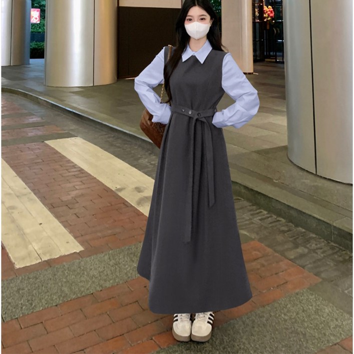 ANYOU 여성 롱 원피스 패션 카라넥 긴팔 캐주얼 원피스 빅사이즈 셔츠원피스 봄가을 데일리룩