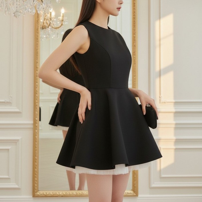 X4428 라운드넥 라인 플레어 A라인 얇은 쉬폰 레이어드 미니 정장 원피스