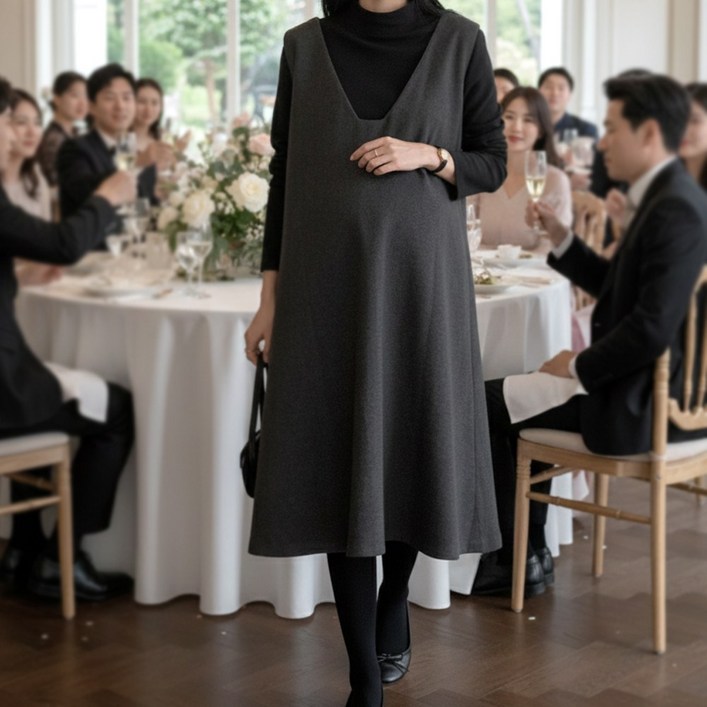 [당일출고] 수엠W 백화점 퀄리티 임산부 하객룩 원피스 레이어드 모직 V넥 하객원피스 B083 모던레이어드원피스