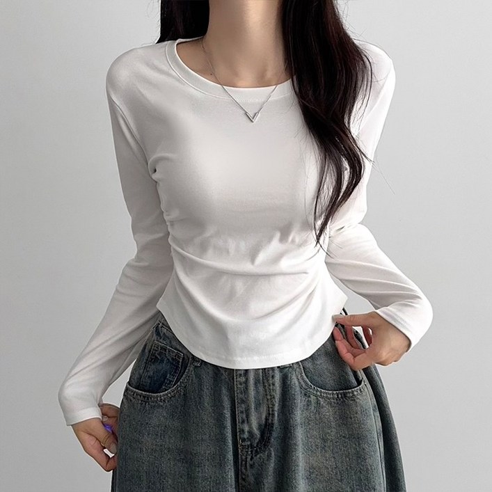 어나더뷰 2862 옆셔링쫀쫀 리지 라운드 긴팔 티셔츠 스판 간절기 세미크롭 여리 슬림핏 심플 베이직